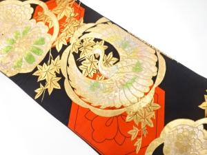 アンティーク　鶴に菊・楓模様織り出し袋帯（着用可）